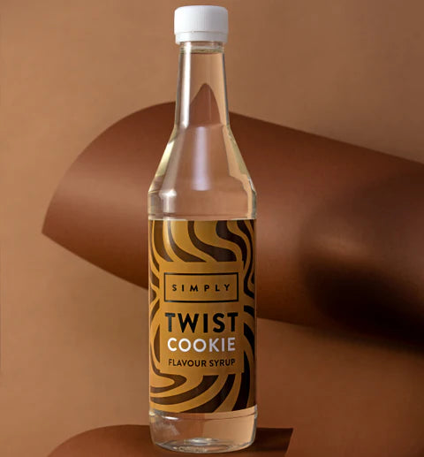 Bottle of Simply Twist Cookie Flavour Syrup on a brown background